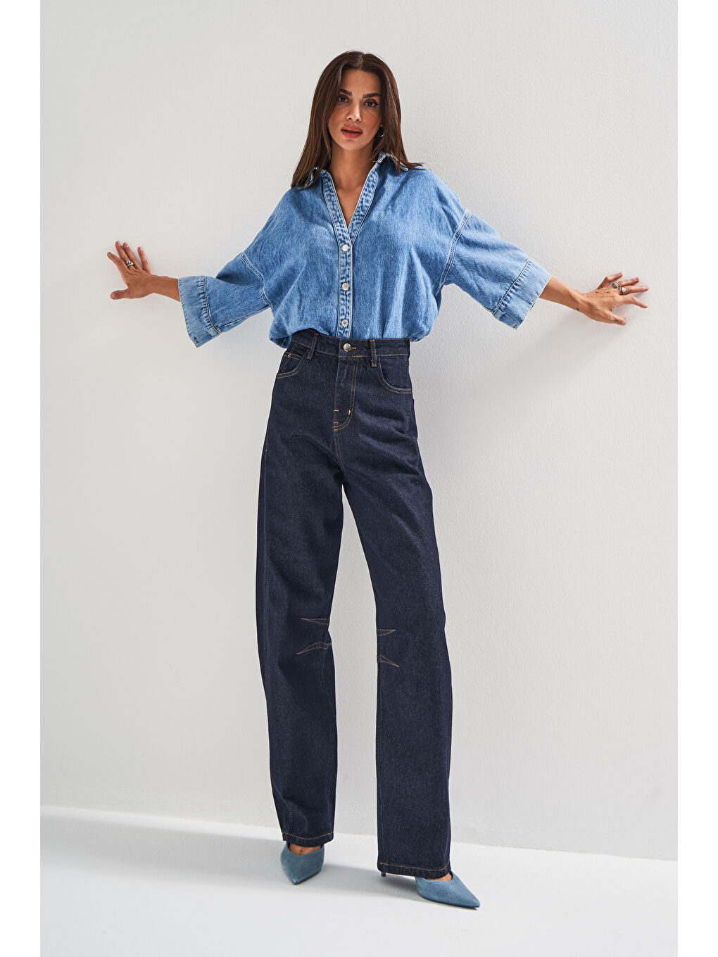 Kadın İndigo Renk 7w5-50 Baggy Fit %100 Pamuk Bol Kesim İç Boy 83cm Denim Jean-4