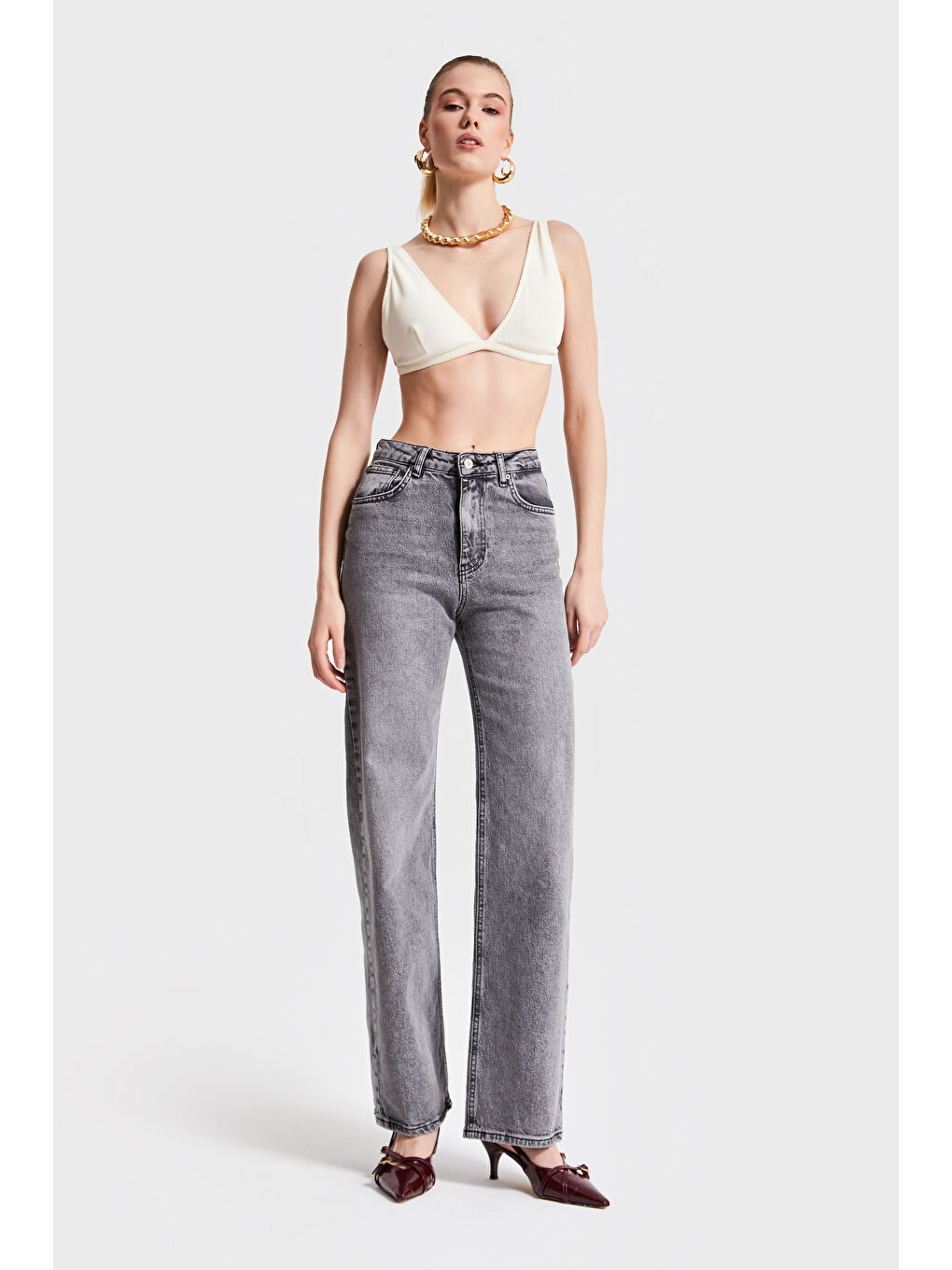 Kadın Gri Renk 4S5-13 Straight Fit Elastanlı Denim-1