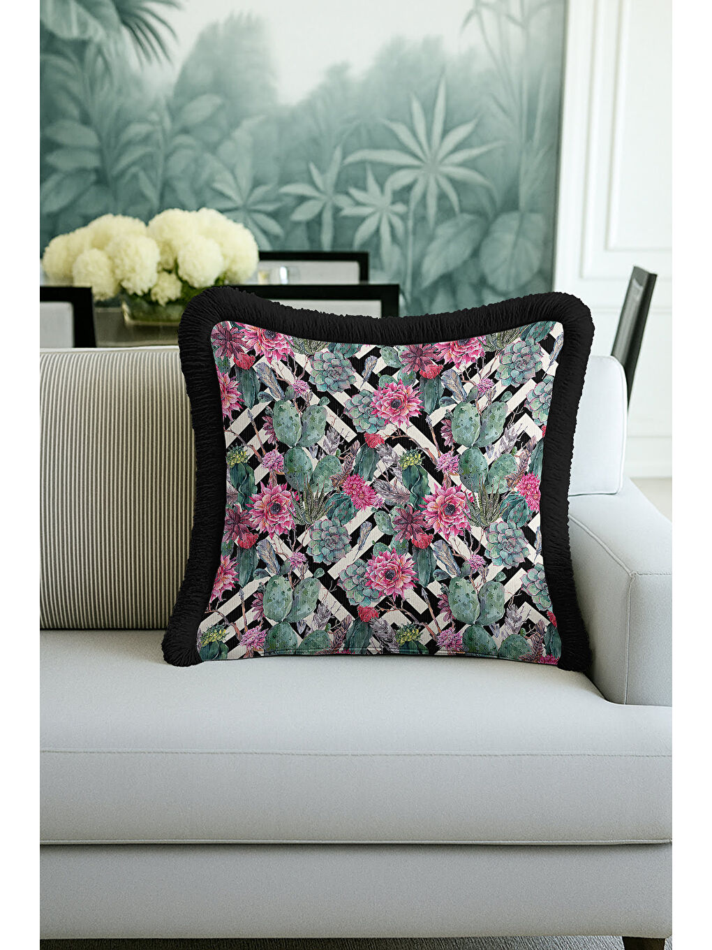 Karışık Botanik Çizgili Saçaklı Yastık Kılıfı - Tropikal Bohem Siyah Fuşya Püsküllü Kırlent Kılıfı-2