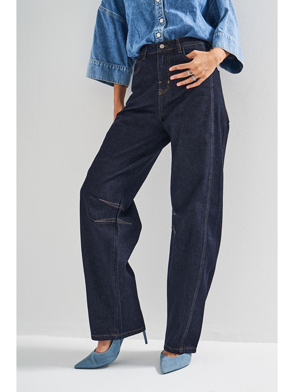 Kadın İndigo Renk 7w5-50 Baggy Fit %100 Pamuk Bol Kesim İç Boy 83cm Denim Jean-5
