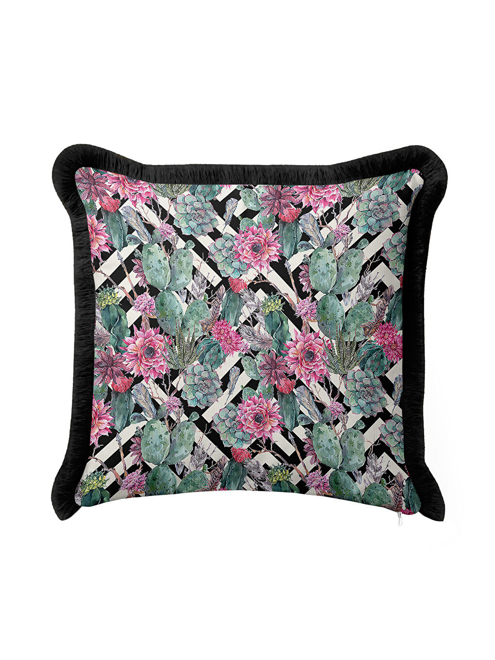 Karışık Botanik Çizgili Saçaklı Yastık Kılıfı - Tropikal Bohem Siyah Fuşya Püsküllü Kırlent Kılıfı-3