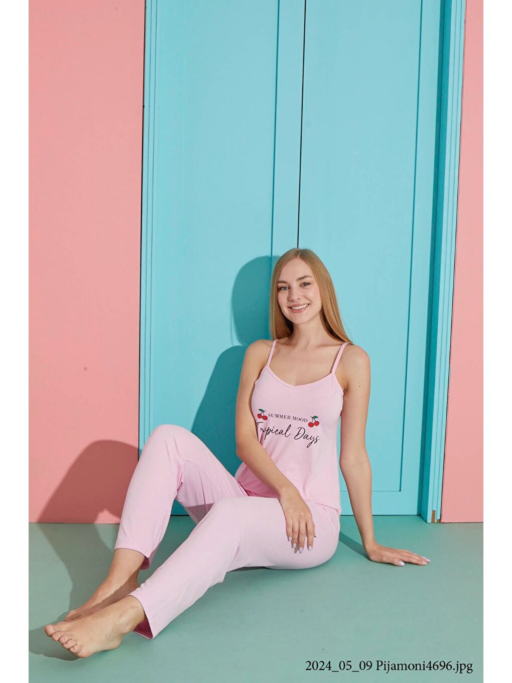 Pembe Kadın Pudra İp Askılı Yazlık Pijama Takımı