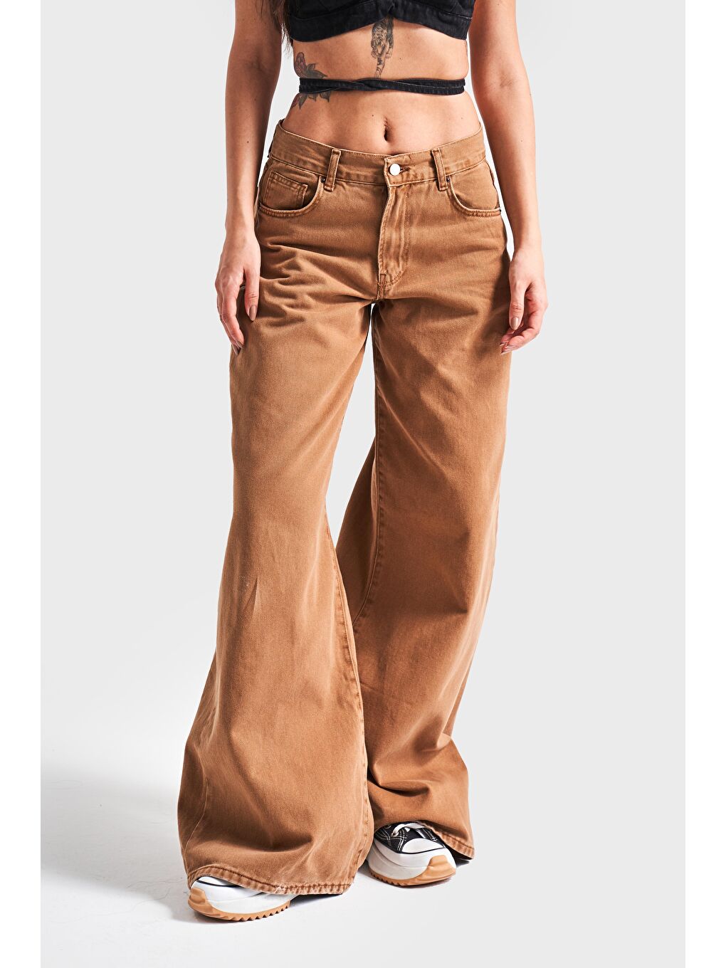 Kahverengi Kadın Açık Kahve Renk Hera Palazzo Fit Bol Kesim %100 Pamuk Denim