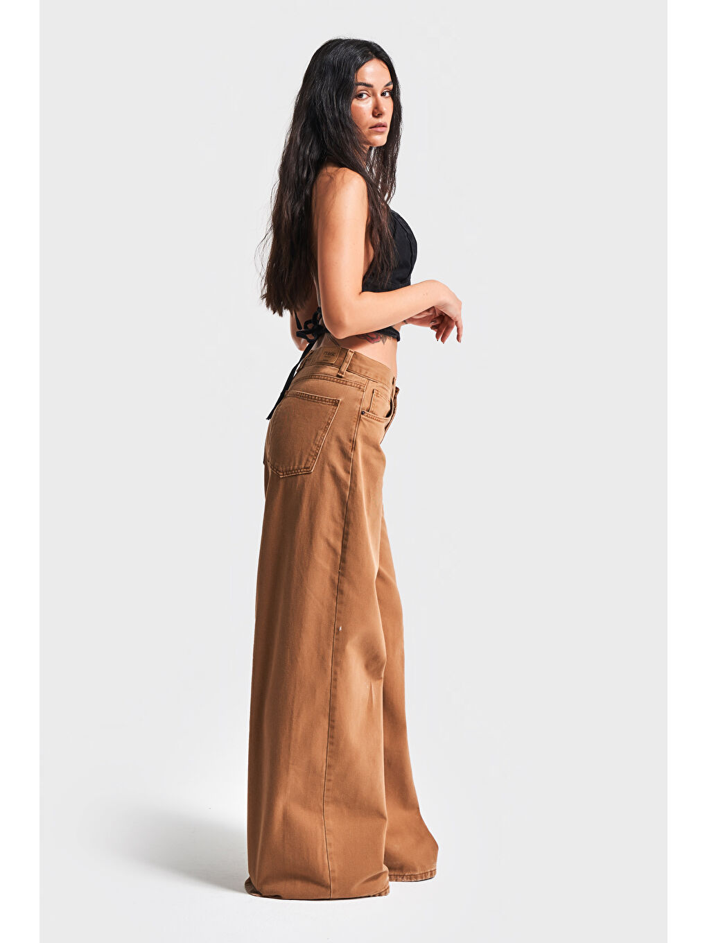 Kahverengi Kadın Açık Kahve Renk Hera Palazzo Fit Bol Kesim %100 Pamuk Denim-1