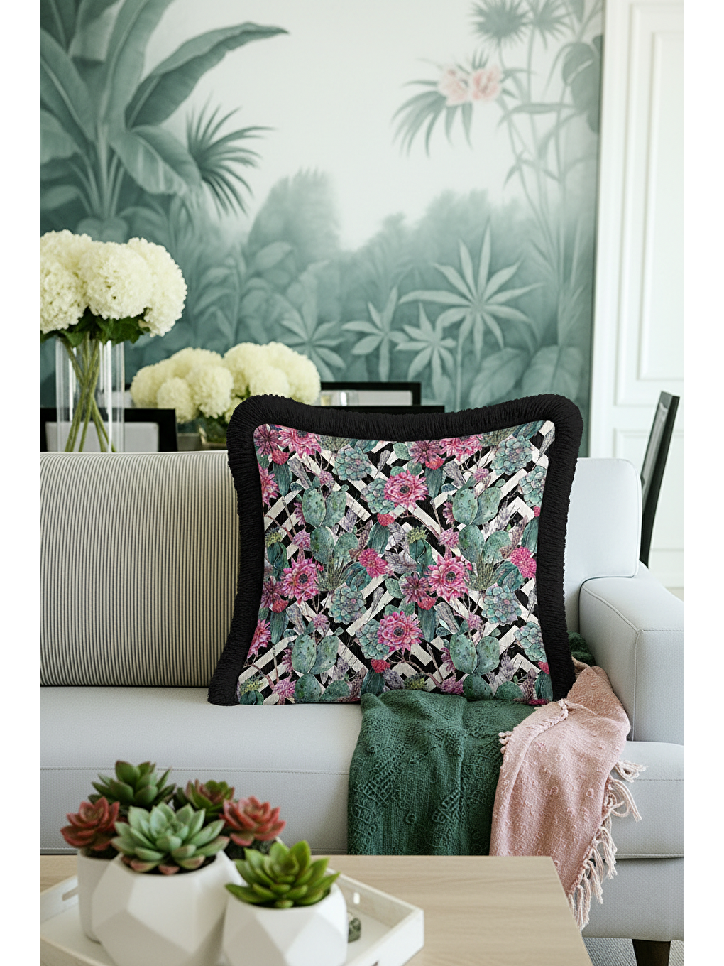 Karışık Botanik Çizgili Saçaklı Yastık Kılıfı - Tropikal Bohem Siyah Fuşya Püsküllü Kırlent Kılıfı-4