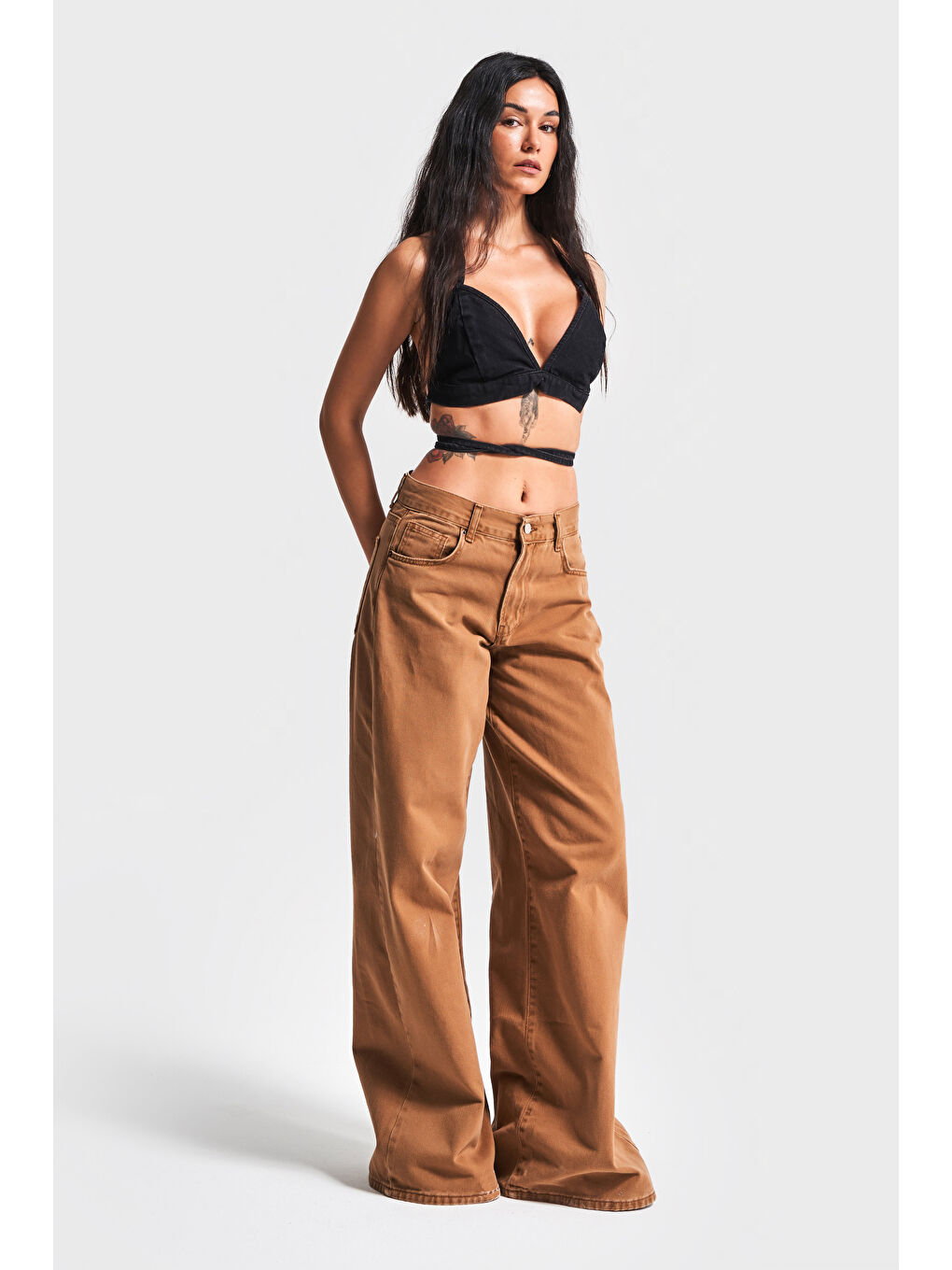 Kahverengi Kadın Açık Kahve Renk Hera Palazzo Fit Bol Kesim %100 Pamuk Denim-3