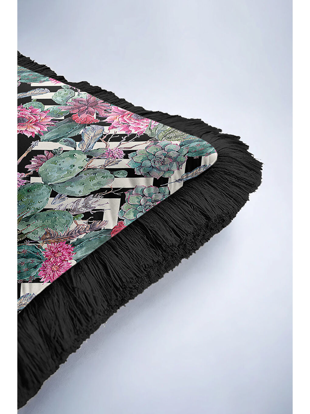 Karışık Botanik Çizgili Saçaklı Yastık Kılıfı - Tropikal Bohem Siyah Fuşya Püsküllü Kırlent Kılıfı-6