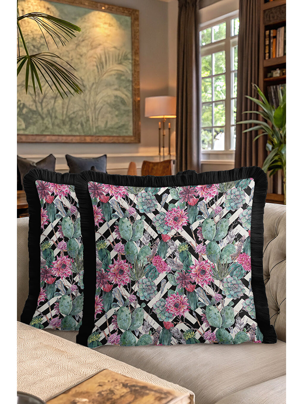 Karışık Botanik Çizgili Saçaklı Yastık Kılıfı - Tropikal Bohem Siyah Fuşya Püsküllü Kırlent Kılıfı-7