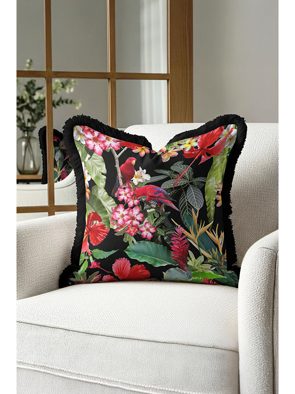 Karışık Tropikal Çiçekli Saçaklı Yastık Kılıfı - Kuşlu Bahar Bohem Siyah Püsküllü Kırlent Kılıfı
