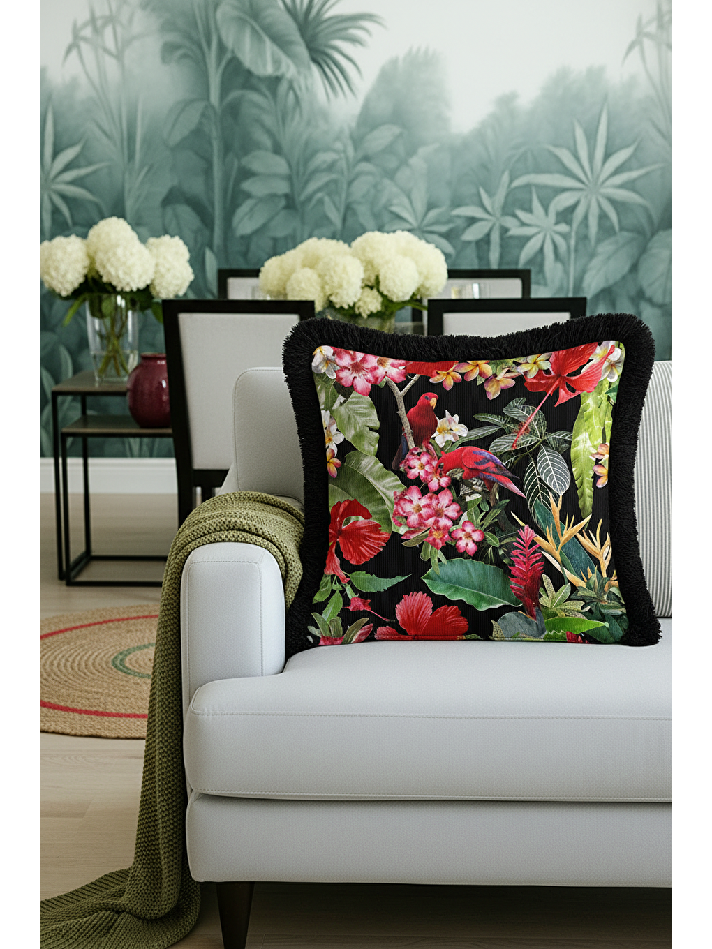 Karışık Tropikal Çiçekli Saçaklı Yastık Kılıfı - Kuşlu Bahar Bohem Siyah Püsküllü Kırlent Kılıfı-1