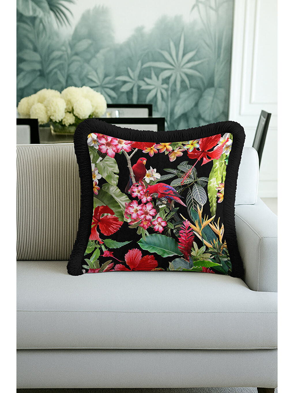 Karışık Tropikal Çiçekli Saçaklı Yastık Kılıfı - Kuşlu Bahar Bohem Siyah Püsküllü Kırlent Kılıfı-2