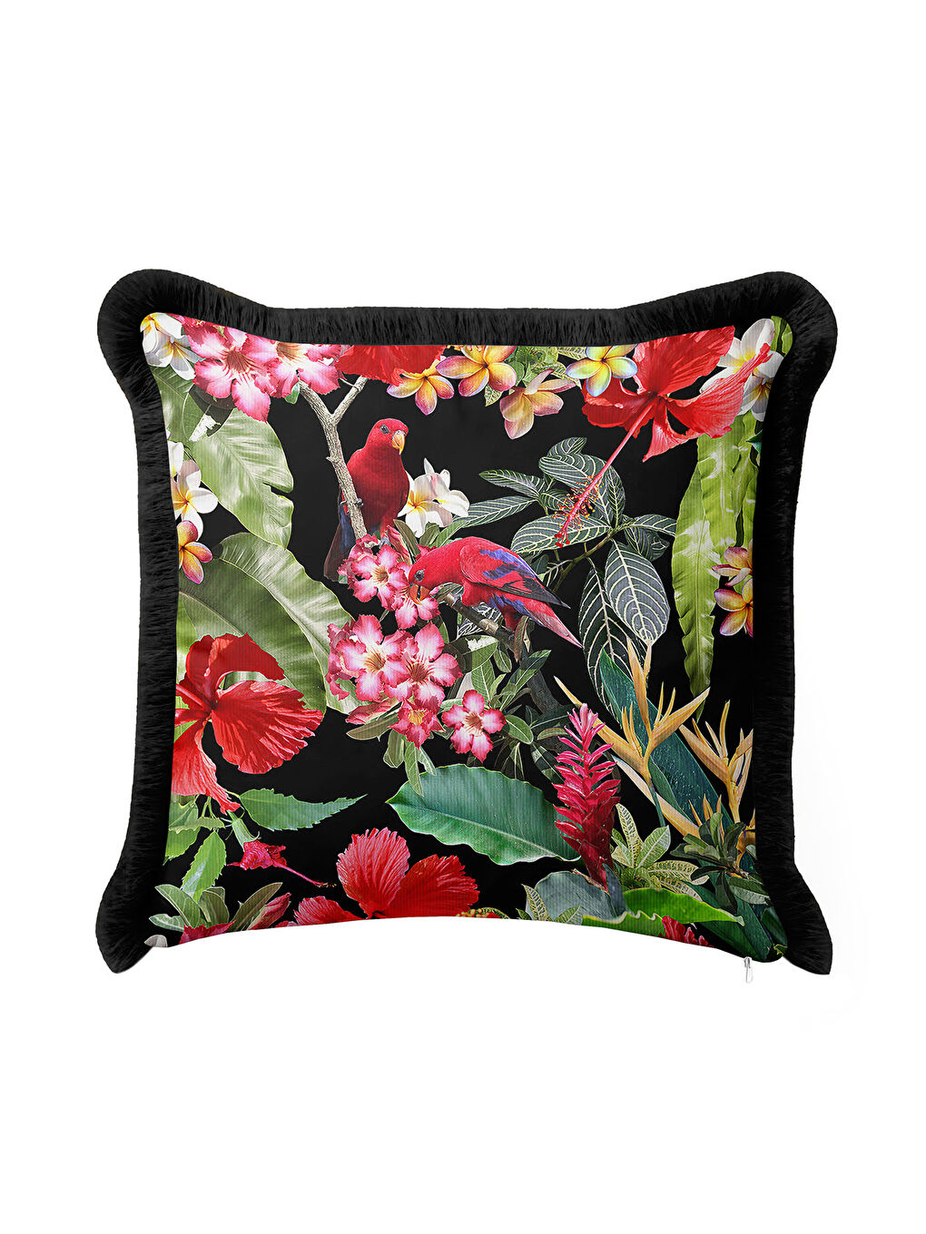 Karışık Tropikal Çiçekli Saçaklı Yastık Kılıfı - Kuşlu Bahar Bohem Siyah Püsküllü Kırlent Kılıfı-3