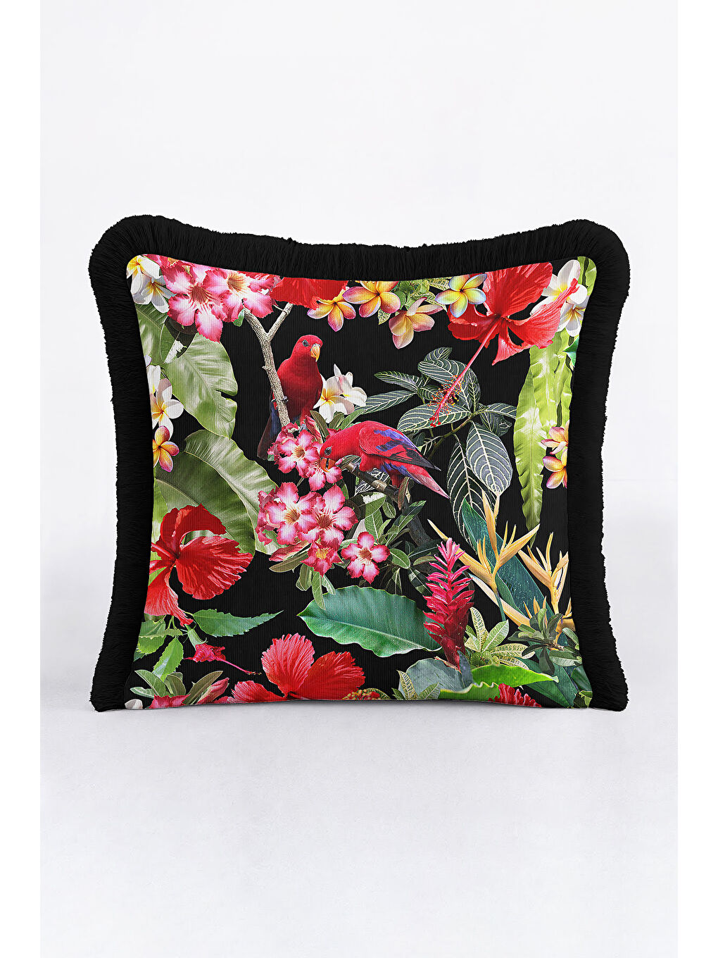 Karışık Tropikal Çiçekli Saçaklı Yastık Kılıfı - Kuşlu Bahar Bohem Siyah Püsküllü Kırlent Kılıfı-4