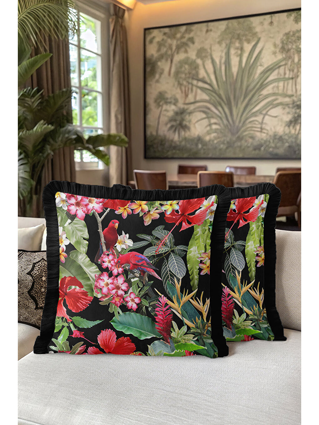Karışık Tropikal Çiçekli Saçaklı Yastık Kılıfı - Kuşlu Bahar Bohem Siyah Püsküllü Kırlent Kılıfı-5
