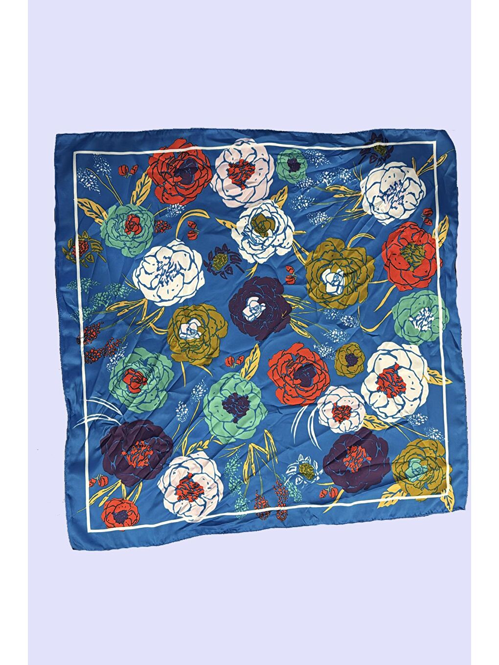 Mavi Etnik Desenli Saten Bandana Fular-1