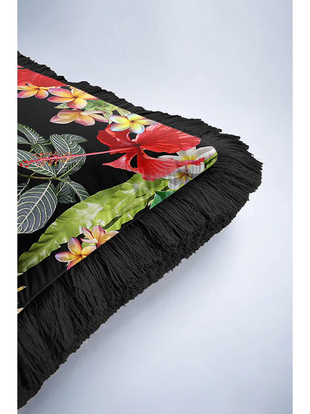 Karışık Tropikal Çiçekli Saçaklı Yastık Kılıfı - Kuşlu Bahar Bohem Siyah Püsküllü Kırlent Kılıfı-6