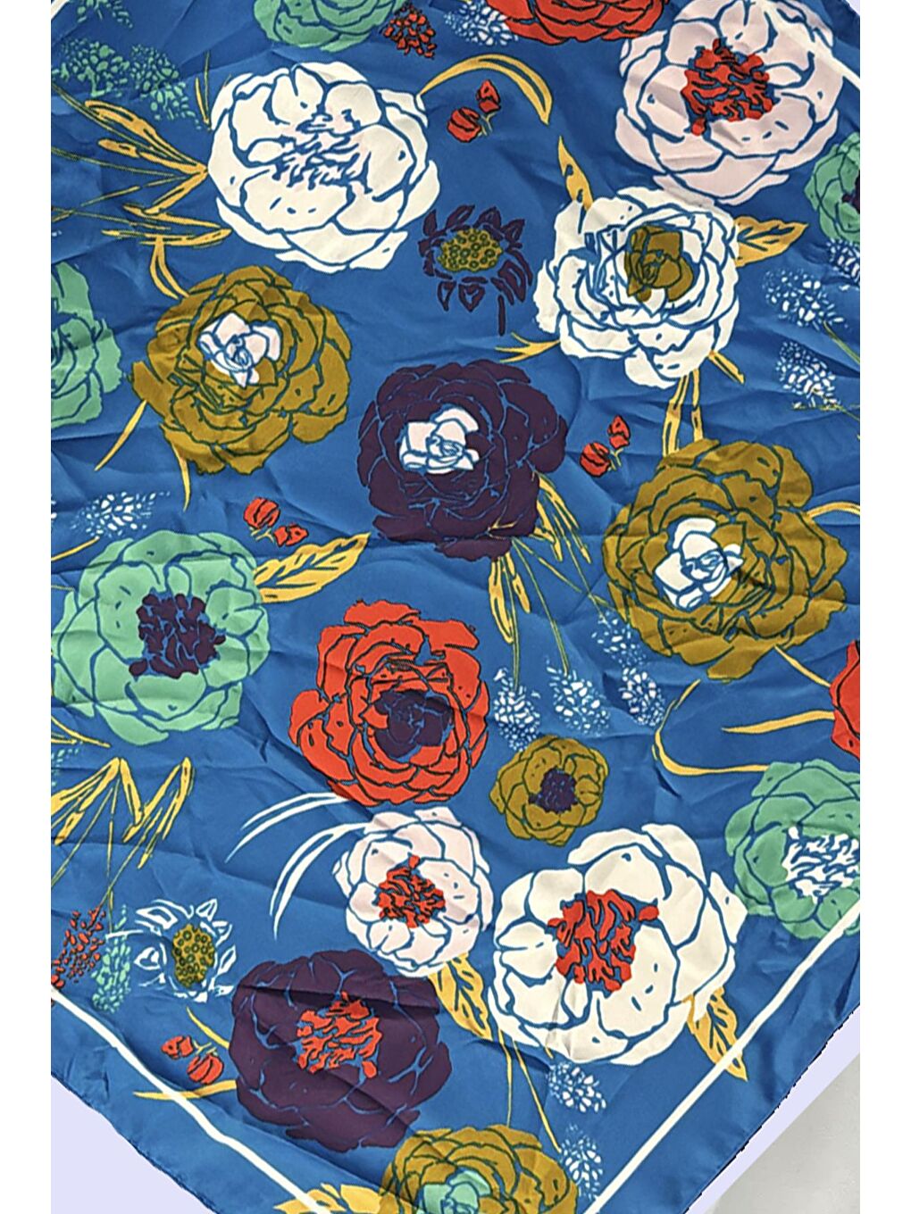 Mavi Etnik Desenli Saten Bandana Fular-2