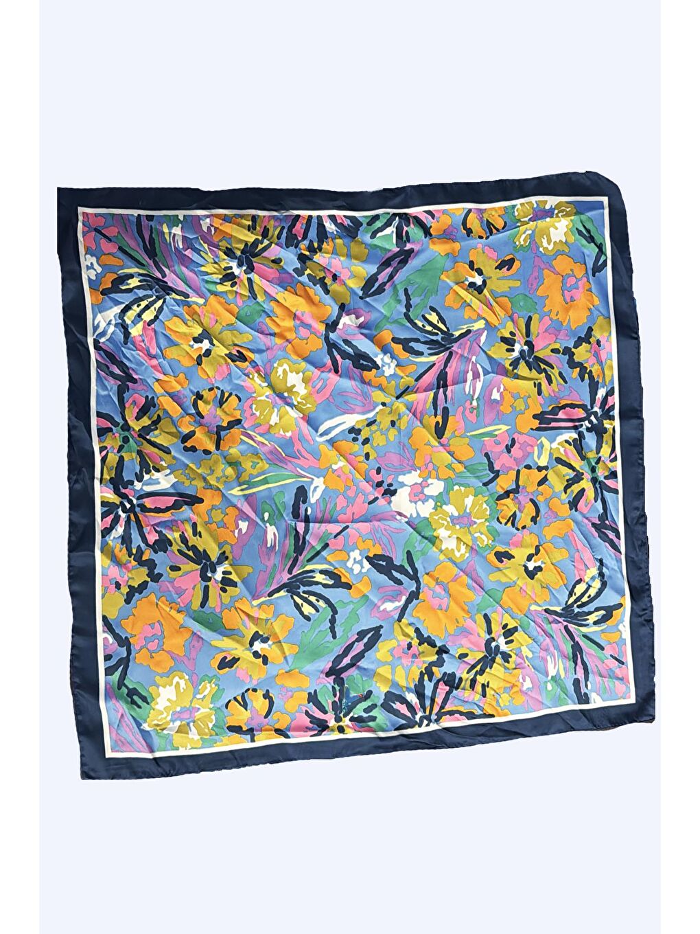 Lacivert Etnik Desenli Saten Bandana Fular-2