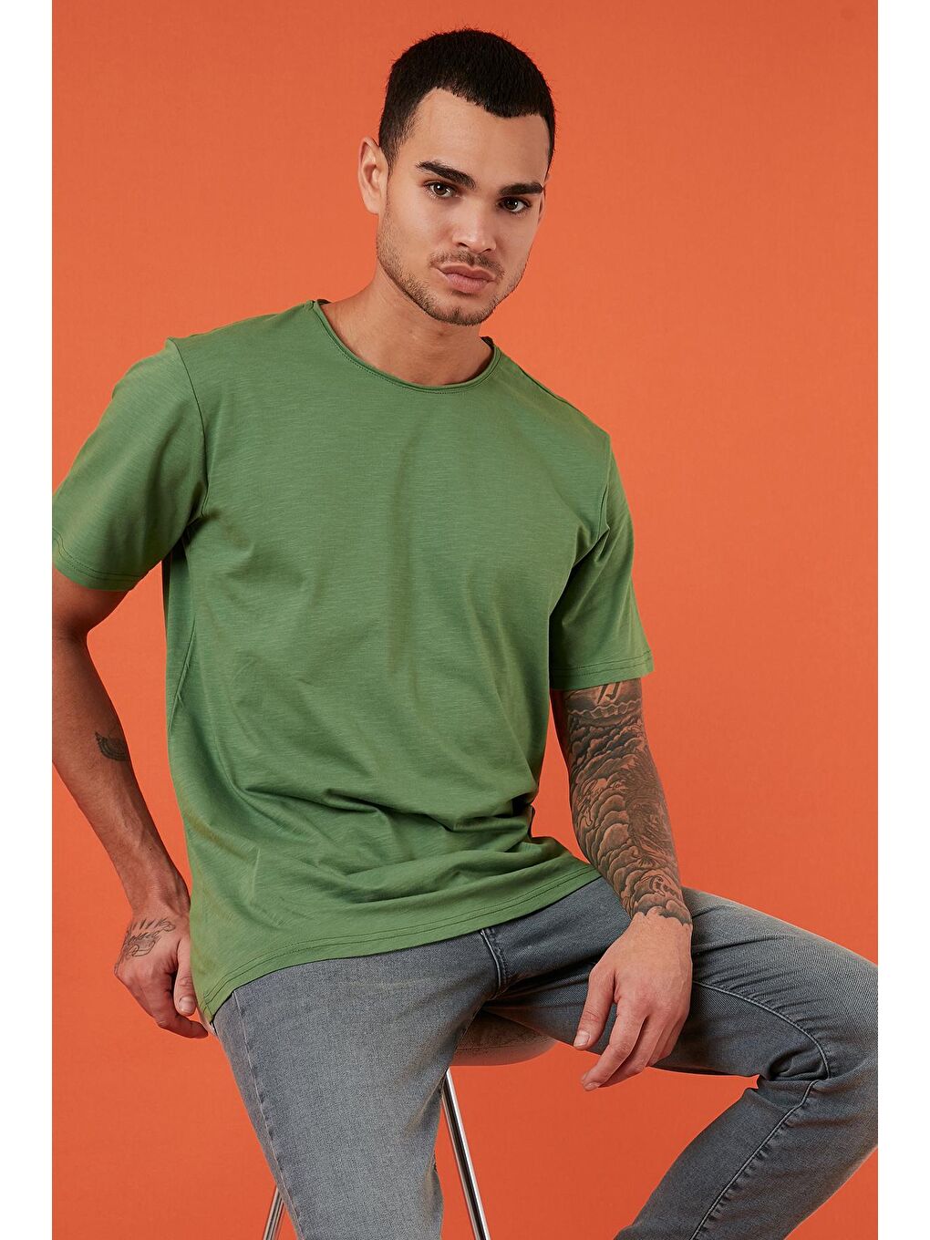 Yeşil Bisiklet Yaka %100 Pamuk Slim Fit Basic Tişört 59020001