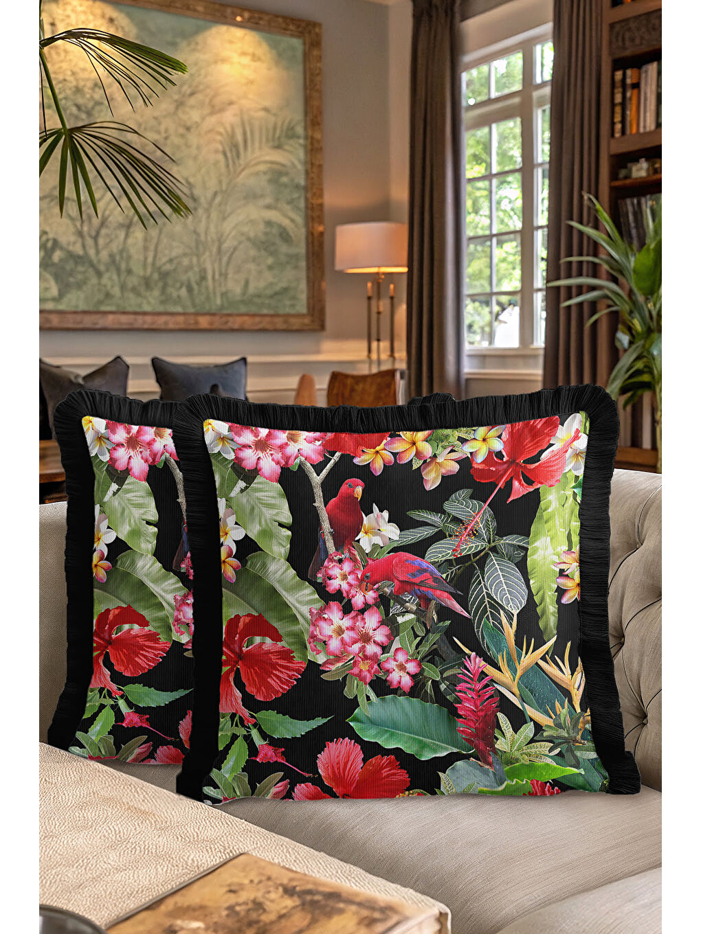 Karışık Tropikal Çiçekli Saçaklı Yastık Kılıfı - Kuşlu Bahar Bohem Siyah Püsküllü Kırlent Kılıfı-7
