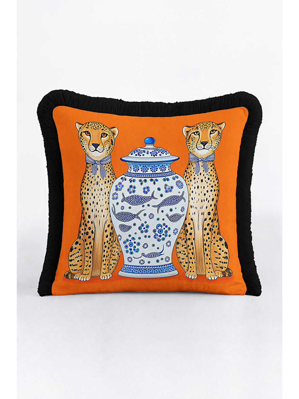 Karışık Zarif Leopar Figürlü Saçaklı Yastık Kılıfı - Etnik Turuncu Siyah Püsküllü Kırlent Kılıfı