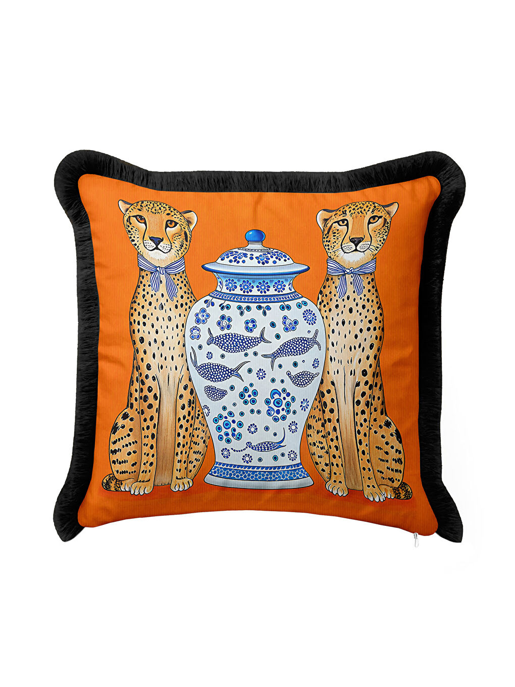 Karışık Zarif Leopar Figürlü Saçaklı Yastık Kılıfı - Etnik Turuncu Siyah Püsküllü Kırlent Kılıfı-1