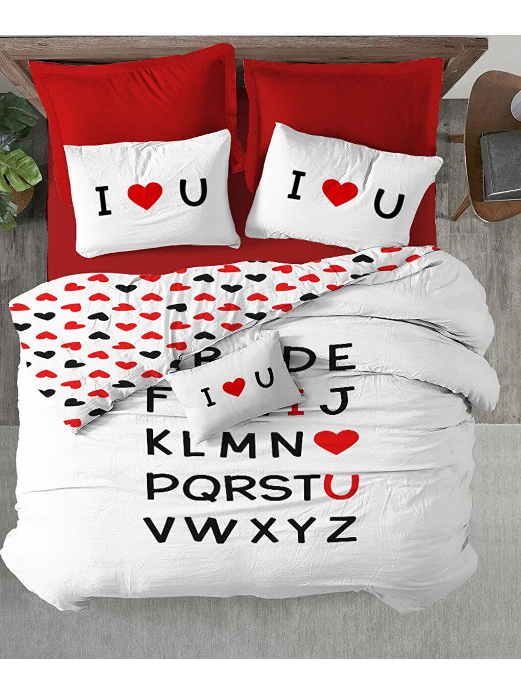 Kırmızı Kalp, sevgililer günü özel desen baskılı çift Kişilik 200x220 Cm ÇARŞAFSIZ Nevresim Takımı-1