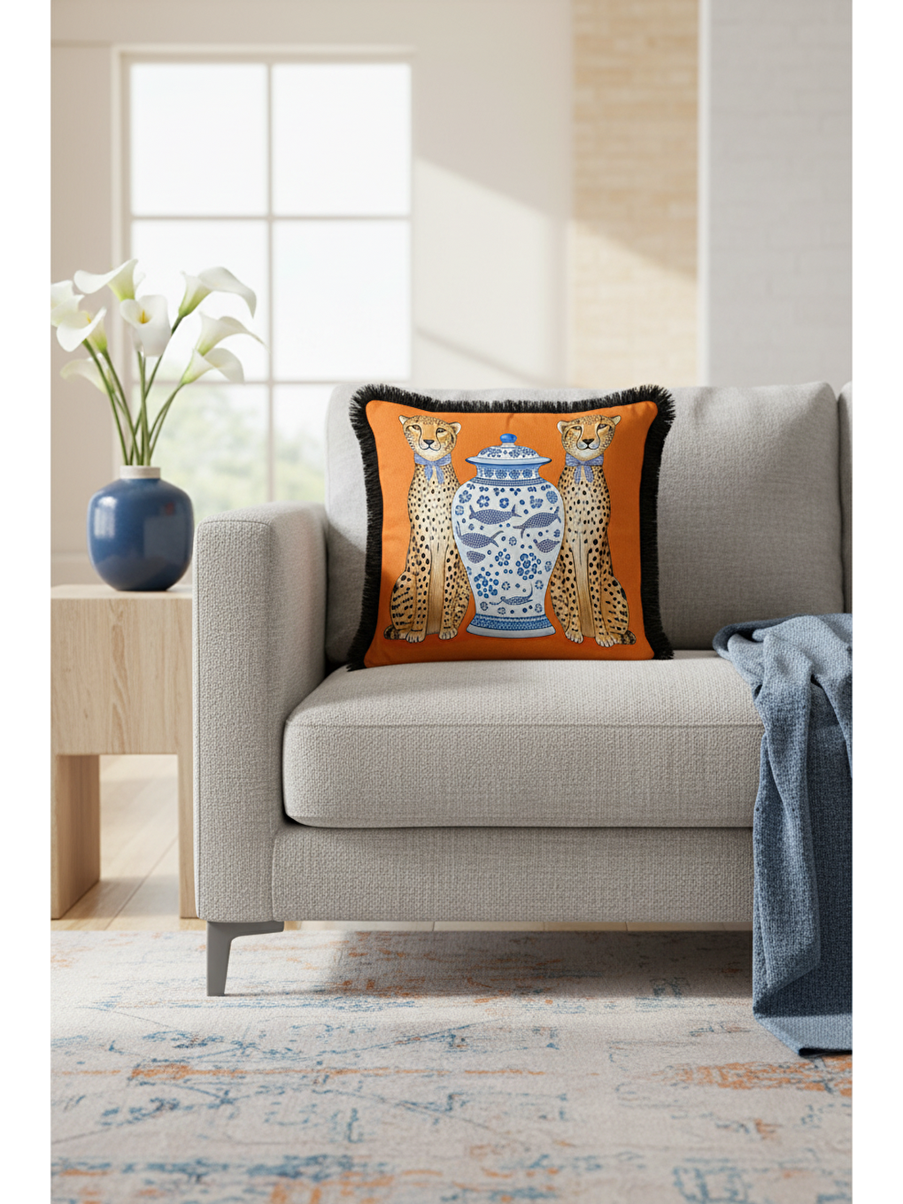 Karışık Zarif Leopar Figürlü Saçaklı Yastık Kılıfı - Etnik Turuncu Siyah Püsküllü Kırlent Kılıfı-2