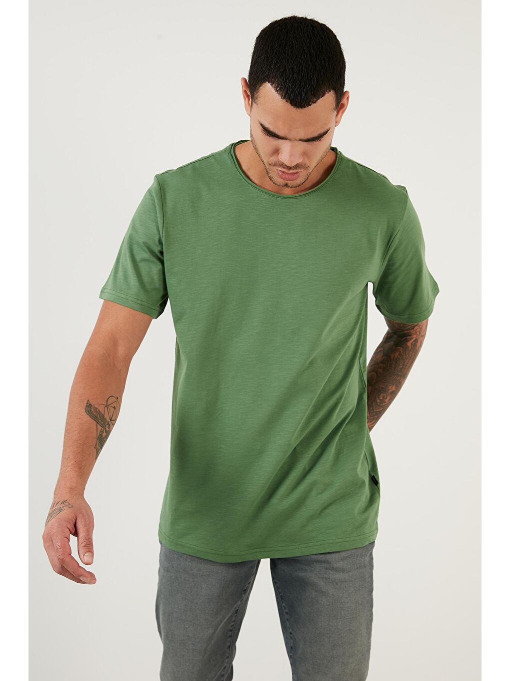 Yeşil Bisiklet Yaka %100 Pamuk Slim Fit Basic Tişört 59020001-3