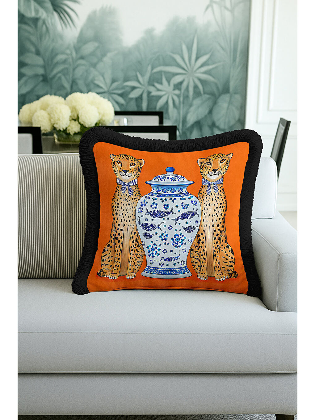 Karışık Zarif Leopar Figürlü Saçaklı Yastık Kılıfı - Etnik Turuncu Siyah Püsküllü Kırlent Kılıfı-3