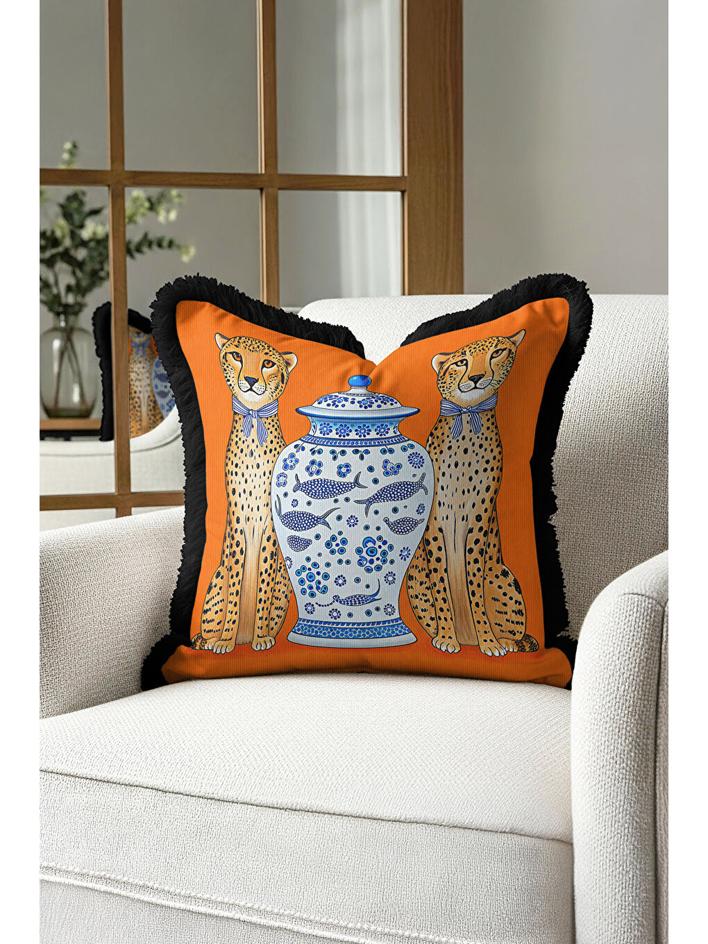 Karışık Zarif Leopar Figürlü Saçaklı Yastık Kılıfı - Etnik Turuncu Siyah Püsküllü Kırlent Kılıfı-4