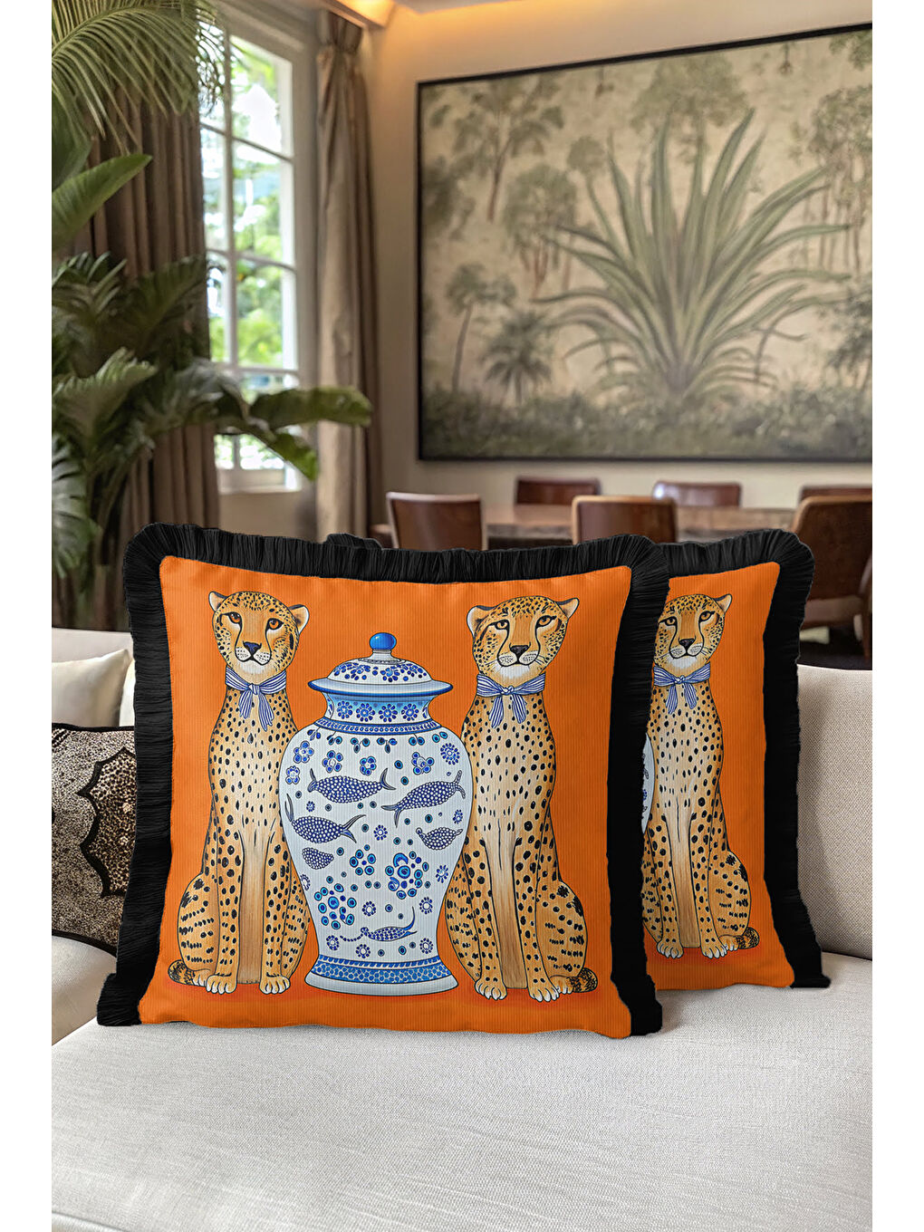 Karışık Zarif Leopar Figürlü Saçaklı Yastık Kılıfı - Etnik Turuncu Siyah Püsküllü Kırlent Kılıfı-5