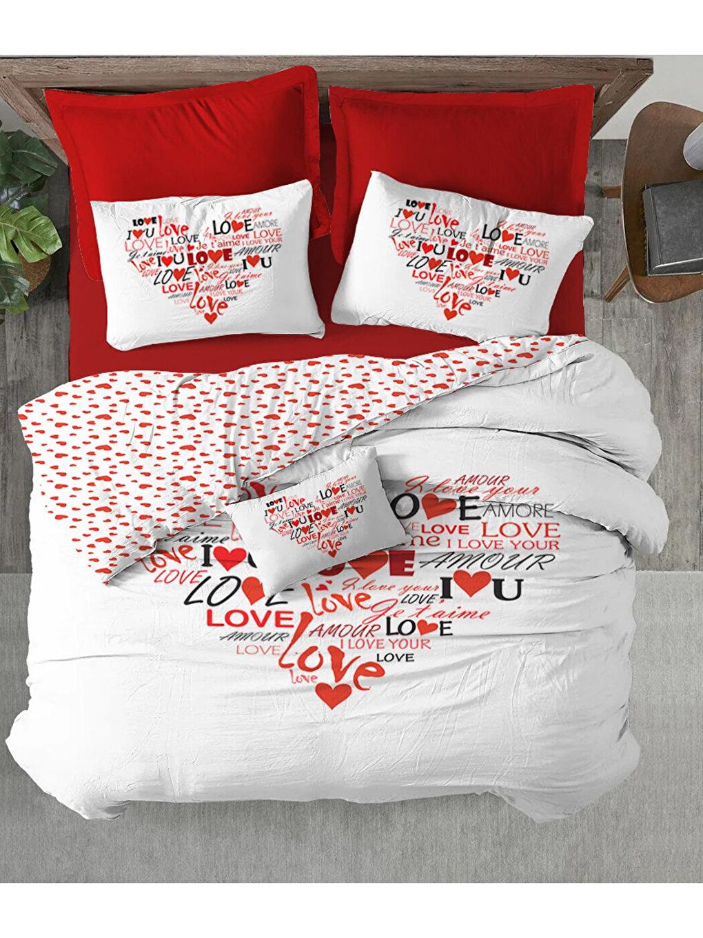 Kırmızı Kalp, sevgililer günü özel desen baskılı çift Kişilik 200x220 Cm ÇARŞAFSIZ Nevresim Takımı-1