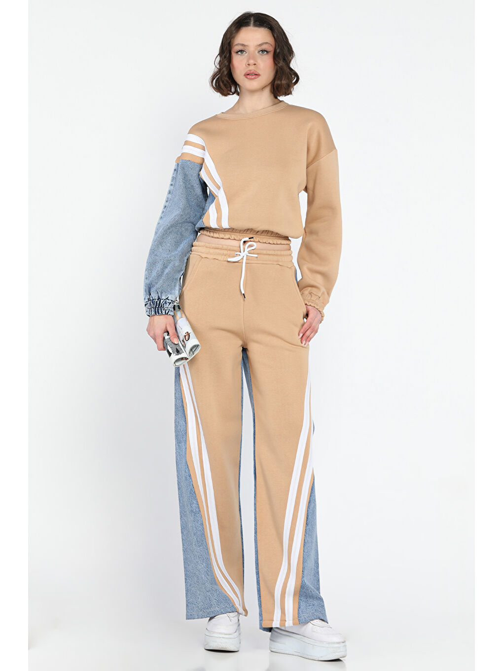 Bej Jean Garnili Sweat Pantolon İkili Takım