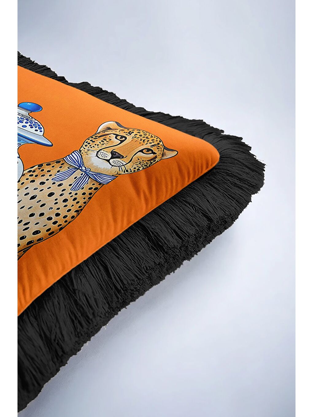 Karışık Zarif Leopar Figürlü Saçaklı Yastık Kılıfı - Etnik Turuncu Siyah Püsküllü Kırlent Kılıfı-6