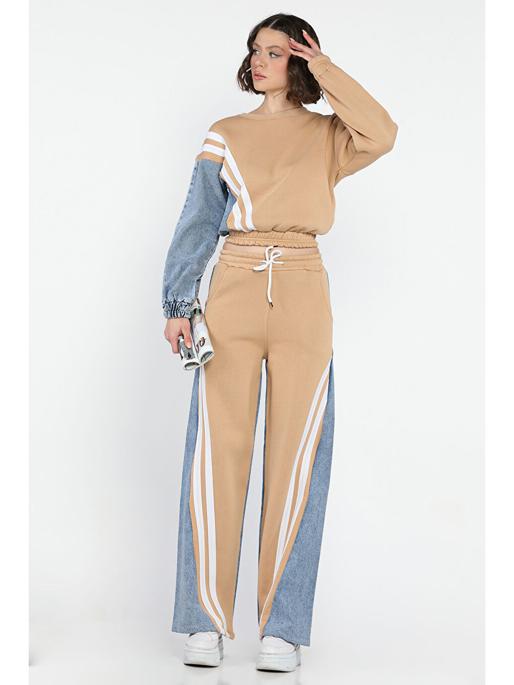 Bej Jean Garnili Sweat Pantolon İkili Takım-1