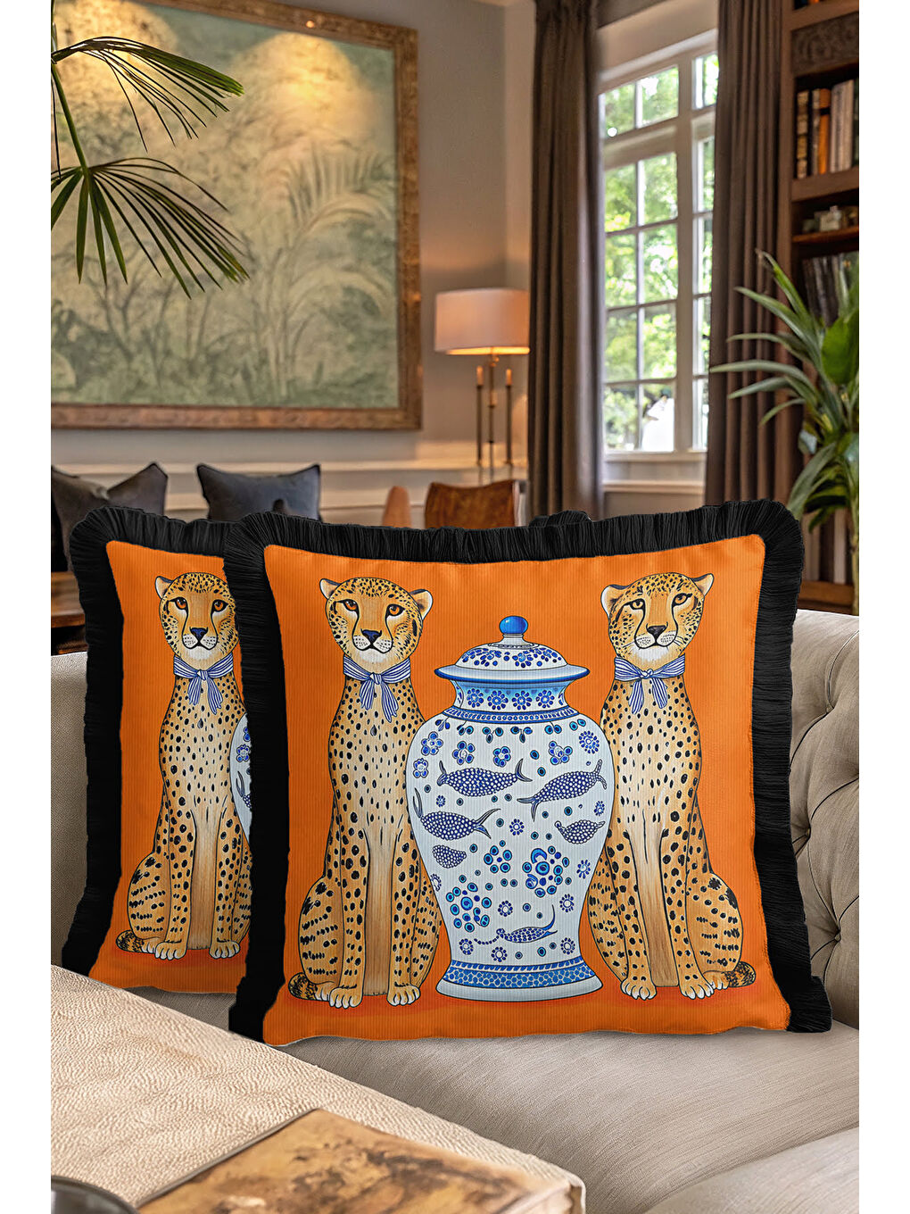 Karışık Zarif Leopar Figürlü Saçaklı Yastık Kılıfı - Etnik Turuncu Siyah Püsküllü Kırlent Kılıfı-7