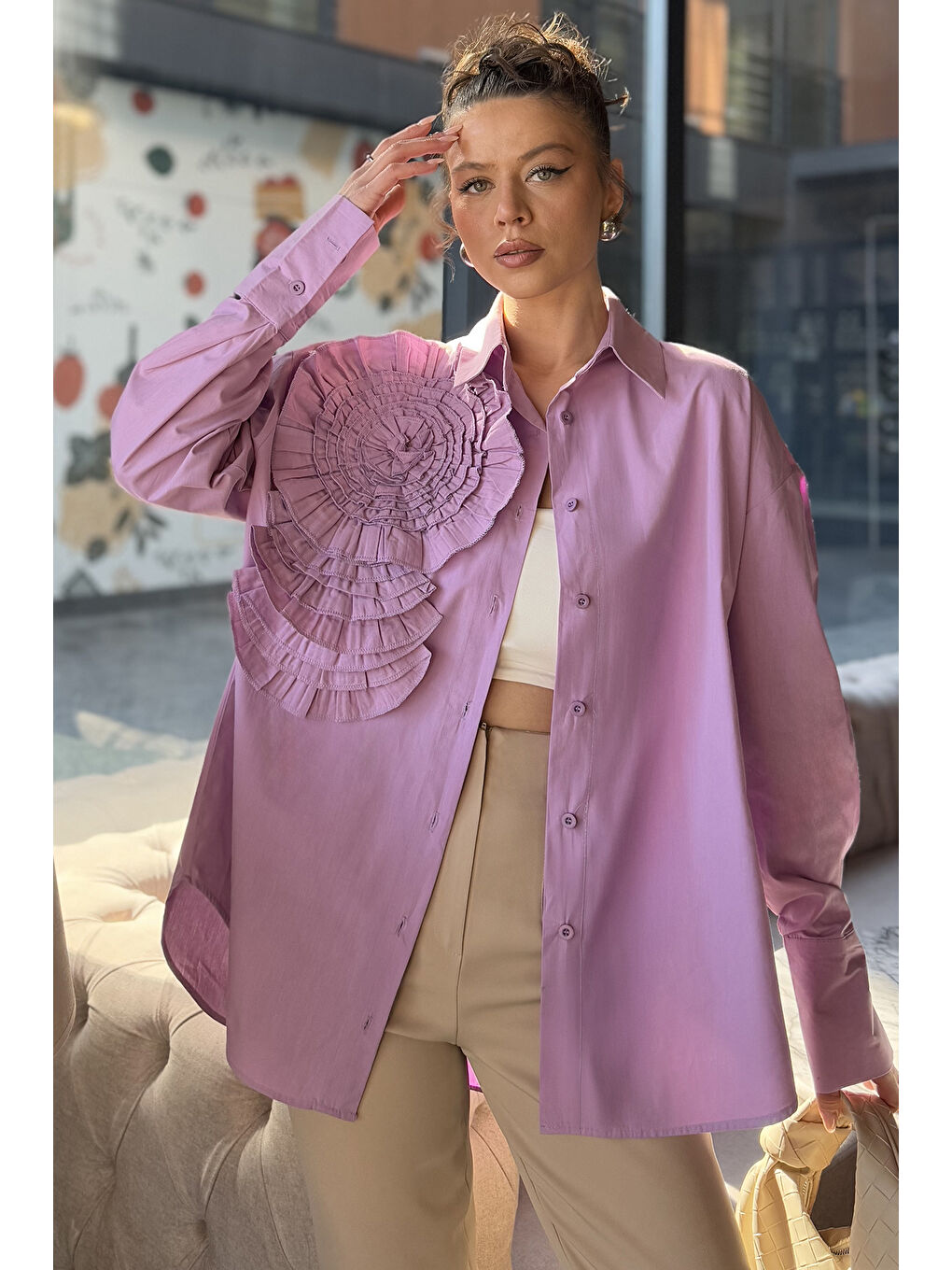 Lila Gül Detaylı Tarz Kadın Gömlek-3