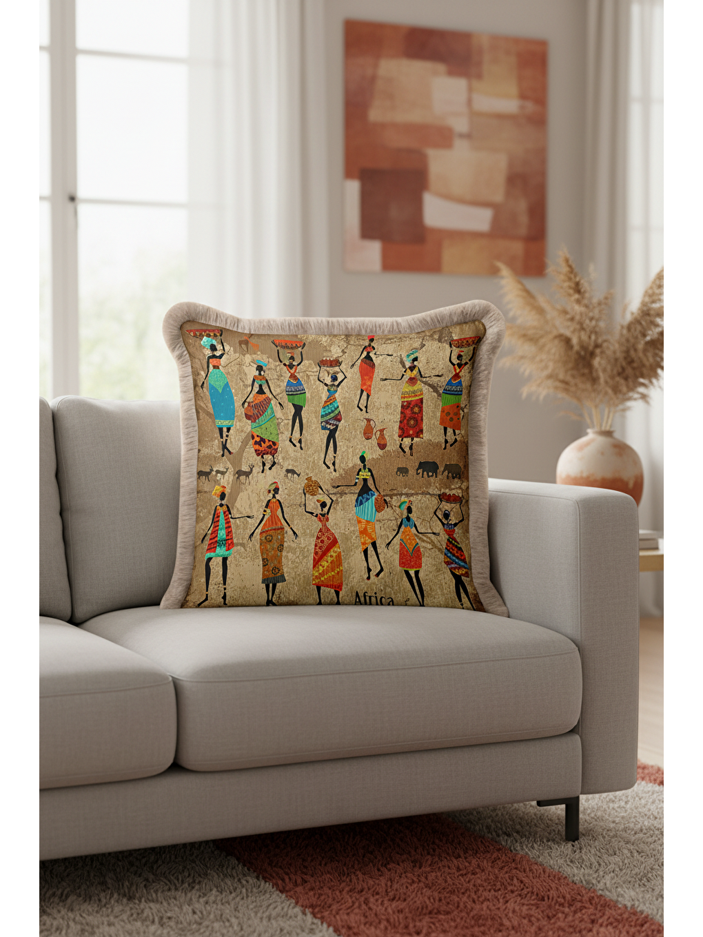 Karışık Afrika Esintili Saçaklı Yastık Kılıfı - Etnik Bohem Bej Turuncu Püsküllü Kırlent Kılıfı
