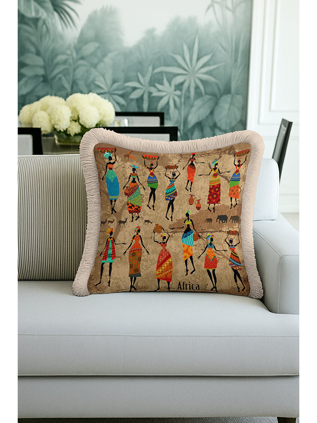 Karışık Afrika Esintili Saçaklı Yastık Kılıfı - Etnik Bohem Bej Turuncu Püsküllü Kırlent Kılıfı-1