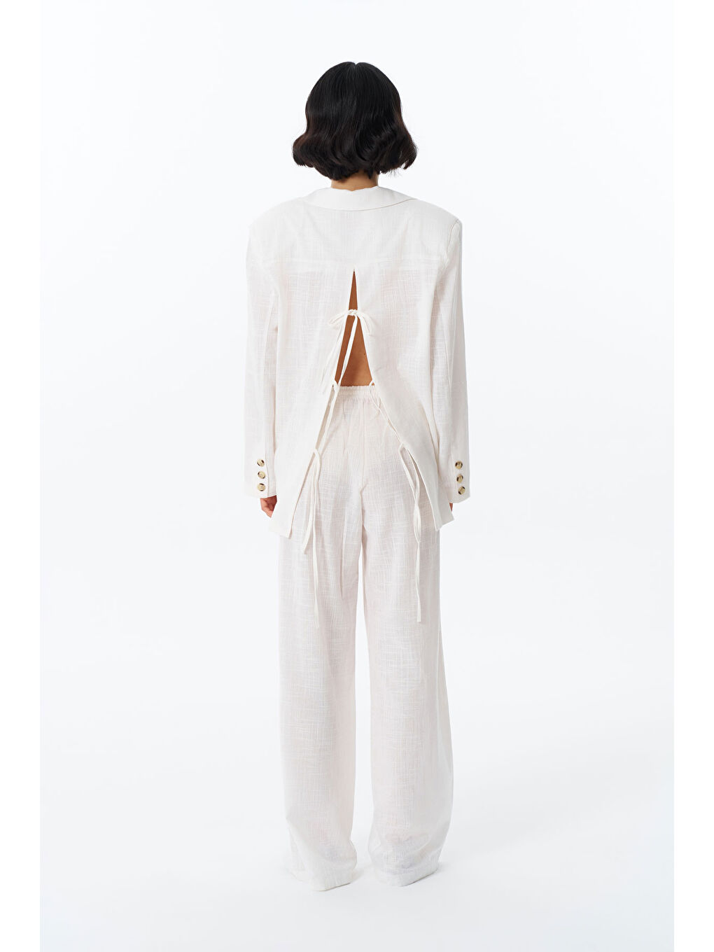 Kol Düğme Aksesuarlı İnce Çizgili Blazer Ceket Ekru-1