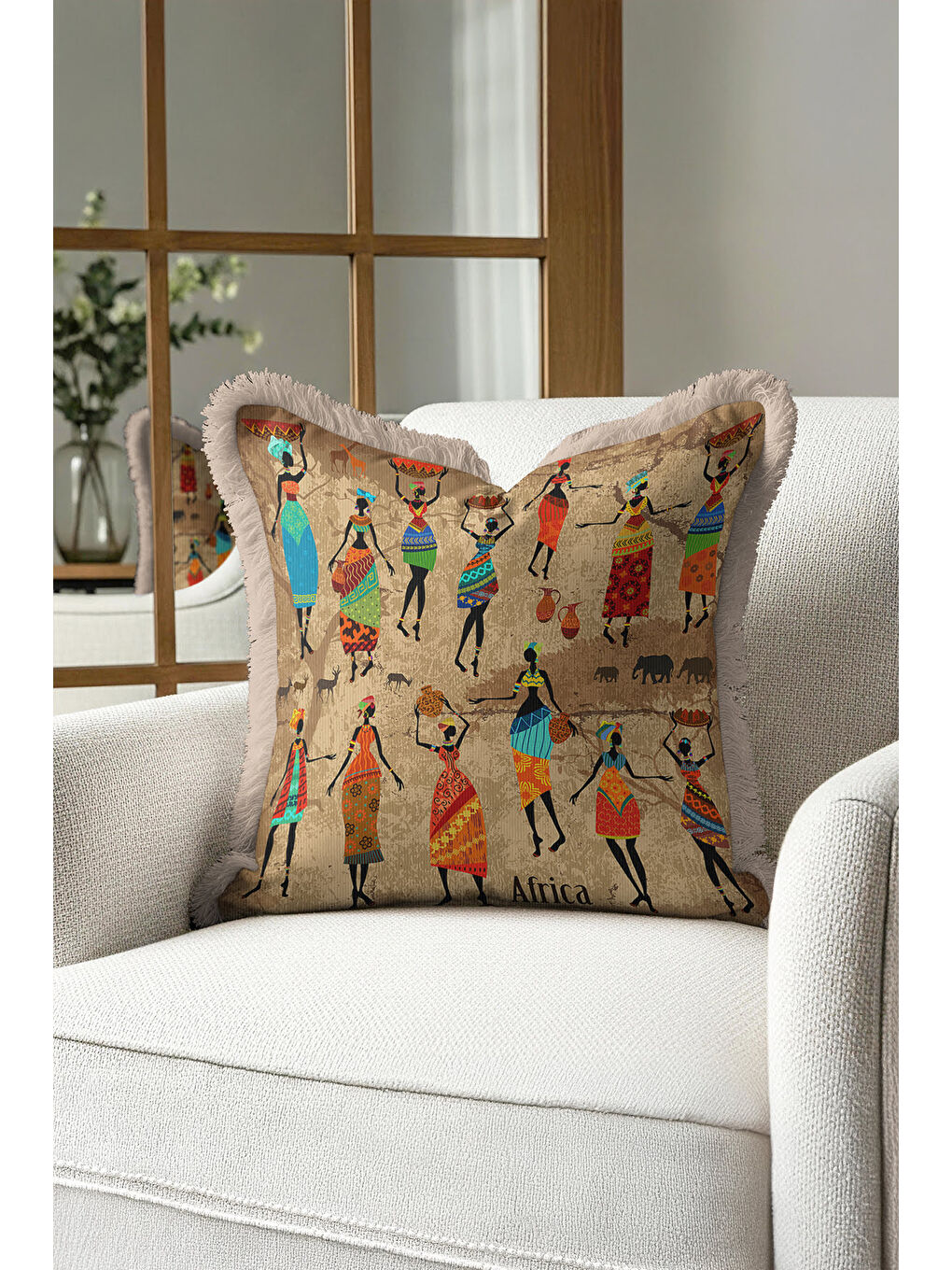 Karışık Afrika Esintili Saçaklı Yastık Kılıfı - Etnik Bohem Bej Turuncu Püsküllü Kırlent Kılıfı-2