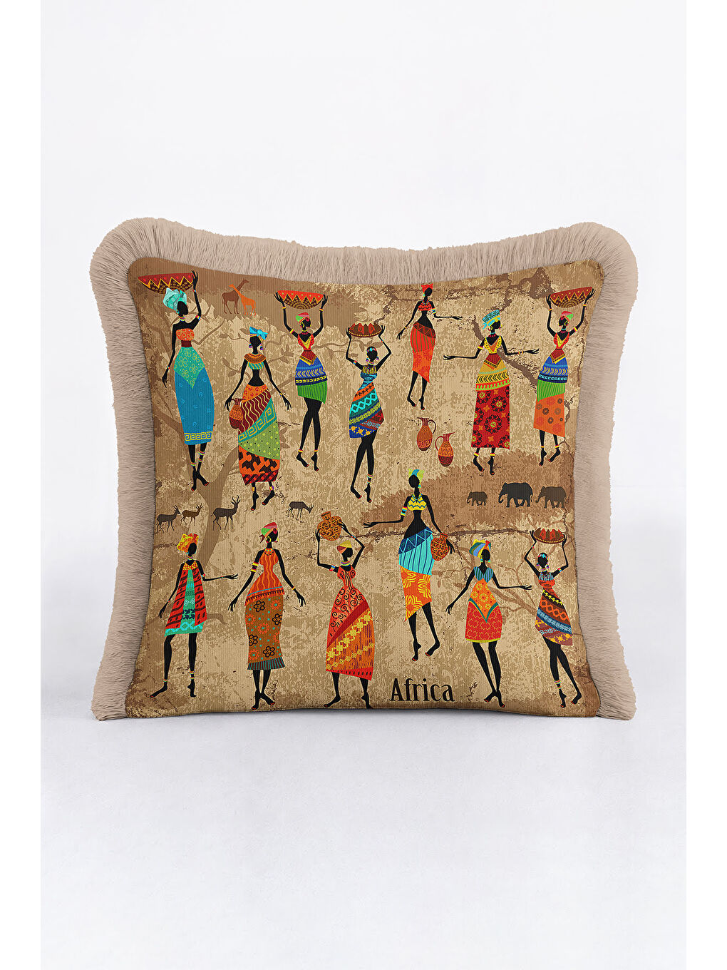 Karışık Afrika Esintili Saçaklı Yastık Kılıfı - Etnik Bohem Bej Turuncu Püsküllü Kırlent Kılıfı-3