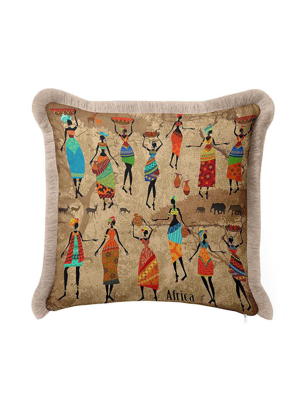Karışık Afrika Esintili Saçaklı Yastık Kılıfı - Etnik Bohem Bej Turuncu Püsküllü Kırlent Kılıfı-4