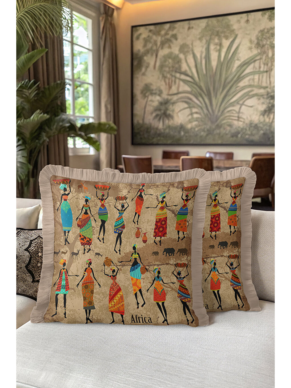 Karışık Afrika Esintili Saçaklı Yastık Kılıfı - Etnik Bohem Bej Turuncu Püsküllü Kırlent Kılıfı-5