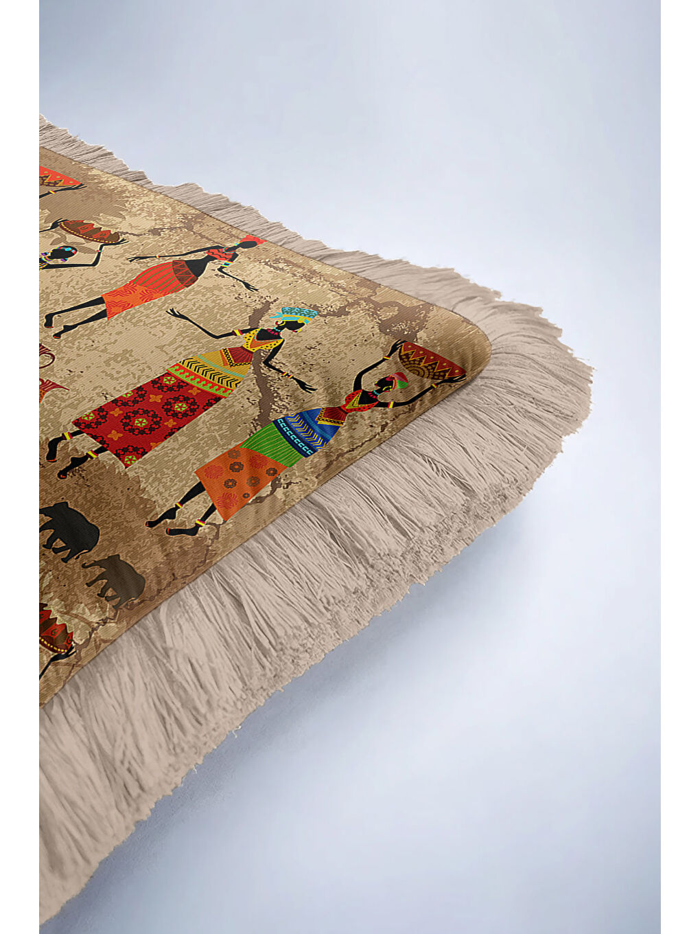 Karışık Afrika Esintili Saçaklı Yastık Kılıfı - Etnik Bohem Bej Turuncu Püsküllü Kırlent Kılıfı-6