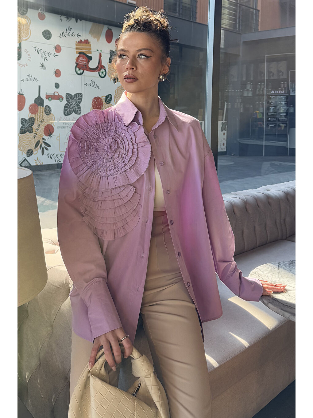 Lila Gül Detaylı Tarz Kadın Gömlek-4