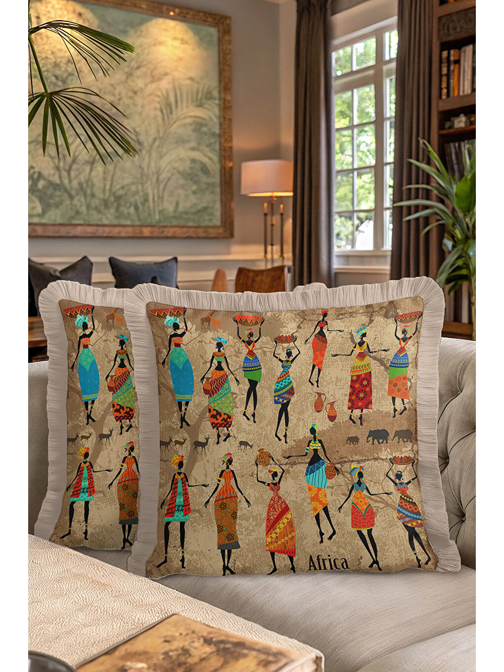 Karışık Afrika Esintili Saçaklı Yastık Kılıfı - Etnik Bohem Bej Turuncu Püsküllü Kırlent Kılıfı-7