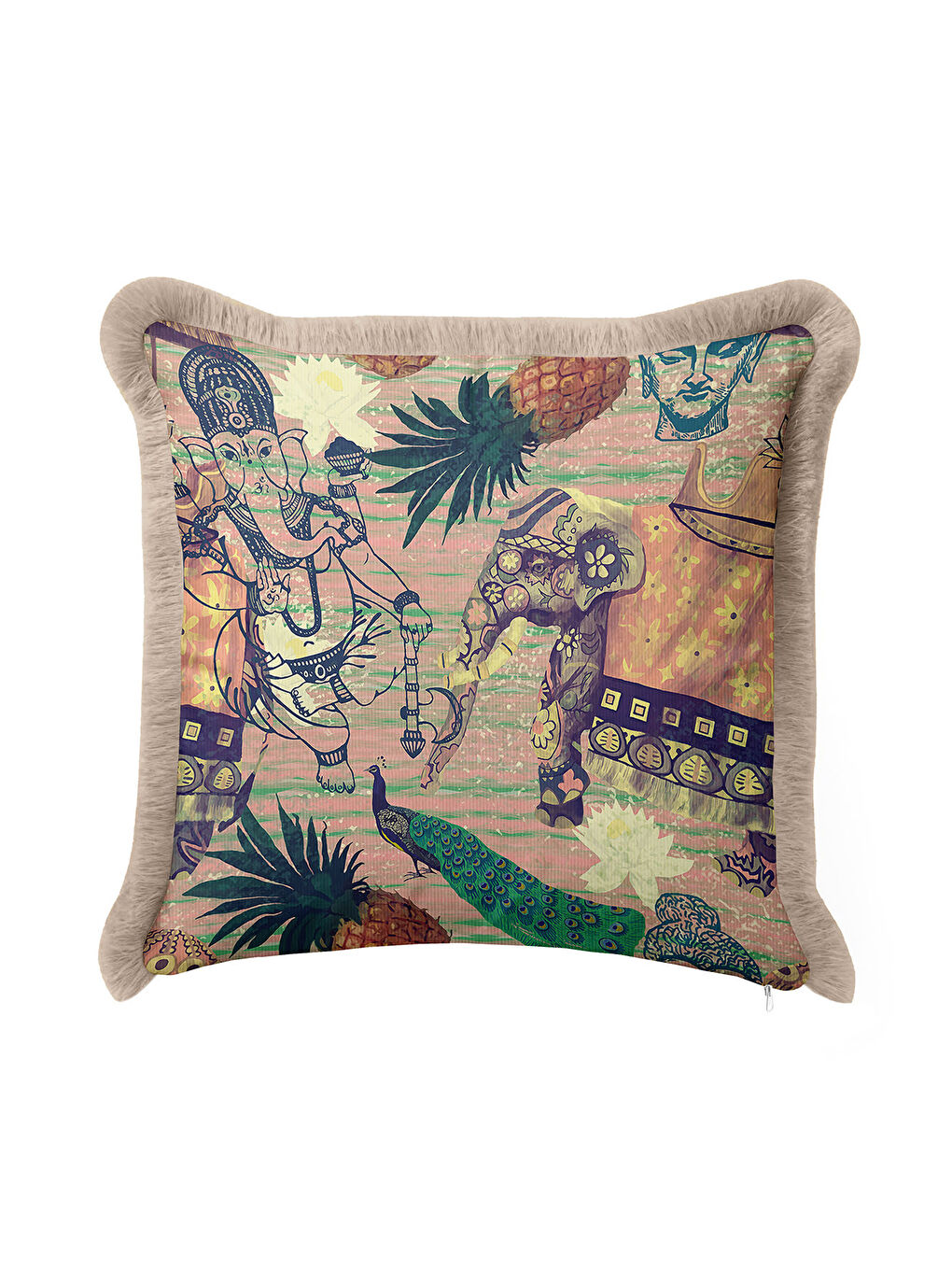 Karışık Hint Esintili Şatafatlı Saçaklı Yastık Kılıfı - Tropikal Bohem Zarif Bej Püsküllü Kırlent Kılıfı-1