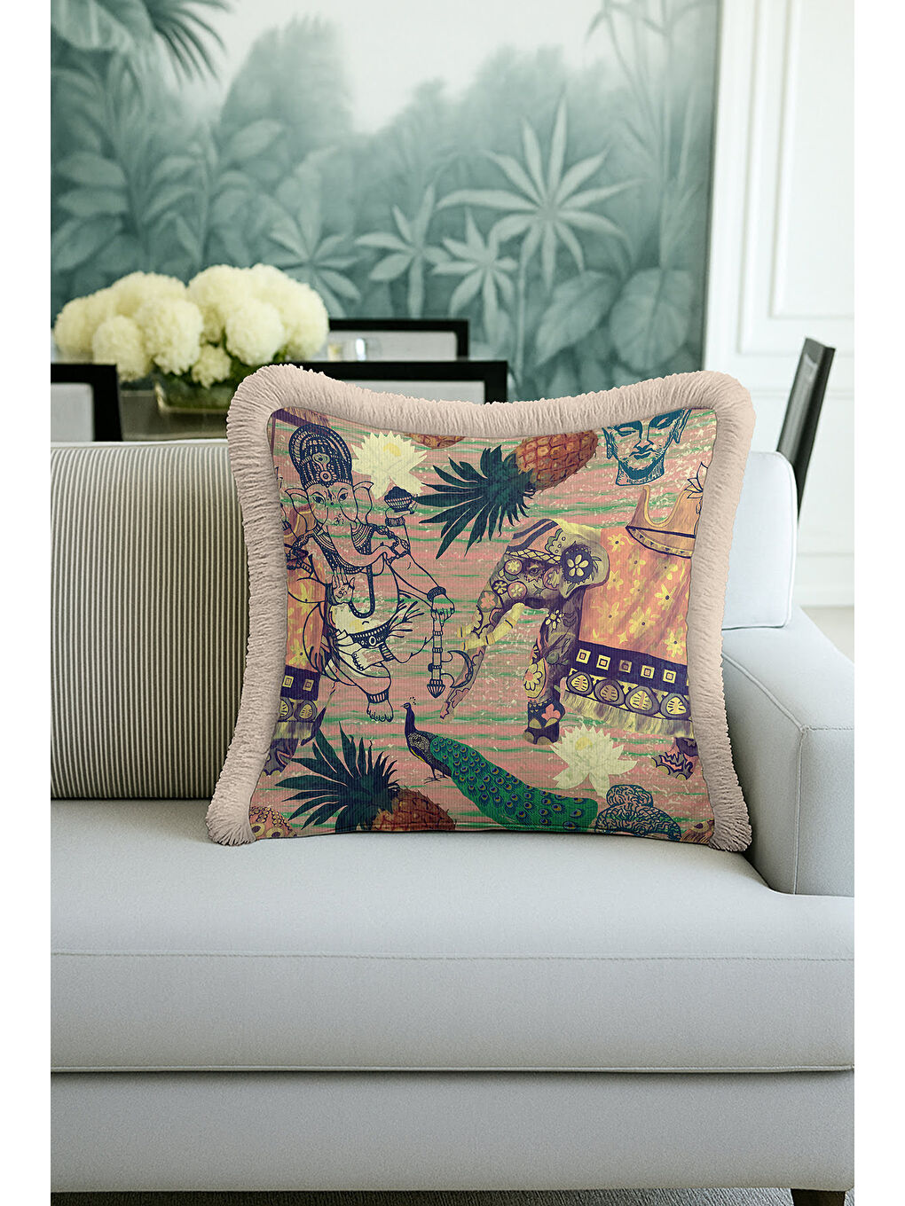 Karışık Hint Esintili Şatafatlı Saçaklı Yastık Kılıfı - Tropikal Bohem Zarif Bej Püsküllü Kırlent Kılıfı-2